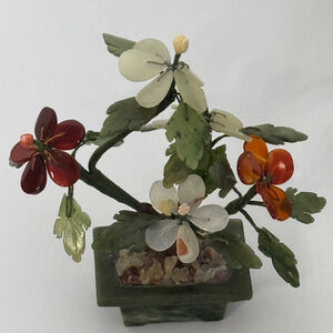 Vintage Asian Bonsai Tree Jade Agate Quartz Glass Flower Leaves Stones Pot
